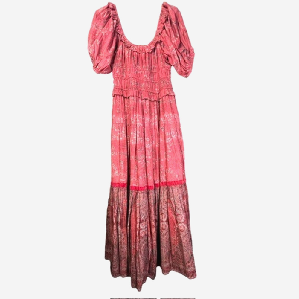 $255 Ro's Garden Percy Baltistan Ruffle Tiered Peasant Dress | Sz M, Pink - Picture 3 of 15